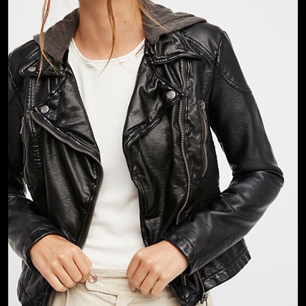 Free people Leather hooded jacket
